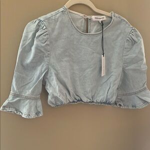 WeWoreWhat Blue Puff Sleeve Ruffled Crop Blouse